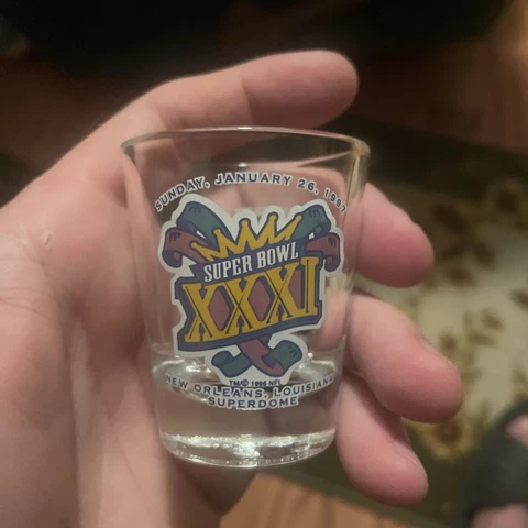 1997 Super Bowl XXXI Super Bowl Shot Glass Packers vs Patriots New Orleans Cover