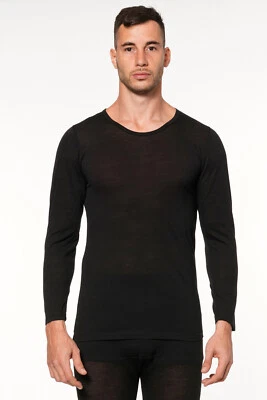 Camisa de manga larga térmica de lana merino para hombre de capa base negra Foto 1 de 4