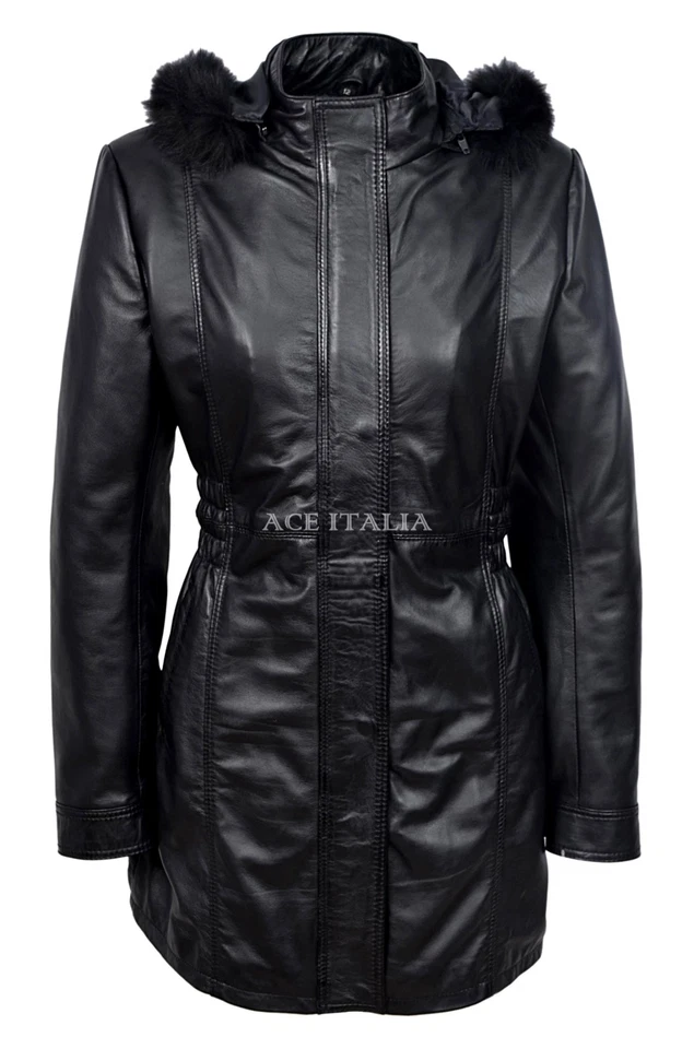 Abrigo Chaqueta SYLVIA Damas Negro Clásico Largo Medio Cuello Piel 100% Cuero Real Foto 1 de 4
