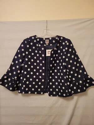 Anne Klein Sz Large Jacket Cropped Polka Dot Navy/White Ruffle 3/4 Sleeve NWT E3 - Image 1 of 4