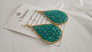 Handcrafted Cleopatra Emerald Green Czech Glass Goldtone Wire Earrings - Picture 1 of 10
