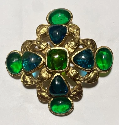 "Broche cruzado Chanel Maison Gripoix 1994 vintage cabujones de vidrio vertido 72 mm ~3""" Foto 1 de 4