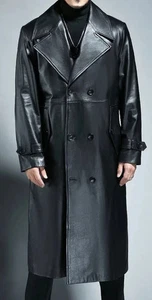 Nuevo abrigo de cuero negro genuino hecho a mano para hombre gabardina de doble botonadura - Imagen 1 de 9