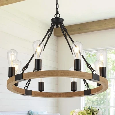 8 Lights Wooden Wagon Wheel Chandelier 23.6'' Natural Farmhouse, Black Metal ... - Image 1 of 4