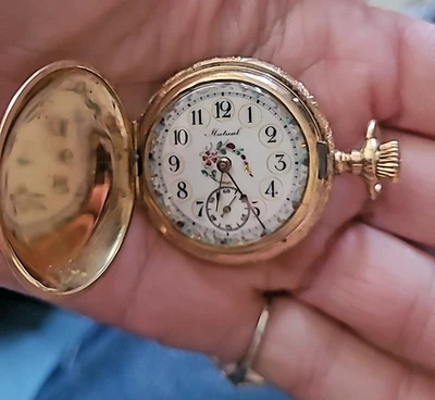 De colección. RELOJ BOLSILLO MUTUAL WATCH CO. CAJA CAZADORA LLENA DE ORO ESFERA ELEGANTE CAZADORES Foto 1 de 4