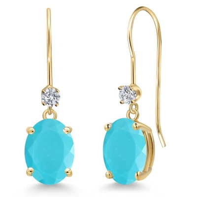 14K Yellow Gold Green Turquoise and Lab Grown Diamond Earrings for Women | 3.13 - Image 1 of 4