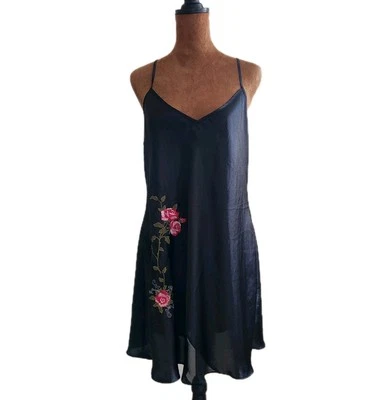 Sophia By Delicates Slip Dress M Black Satin Mini Floral Embroidered Sleepwear - image 1 of 4