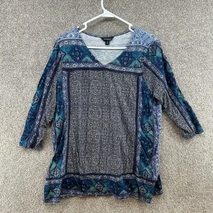 Lucky Brand Women's Blouse Size 1X Blue Multicolor V-Neck 3/4 Sleeve Pullover - Picture 1 of 10