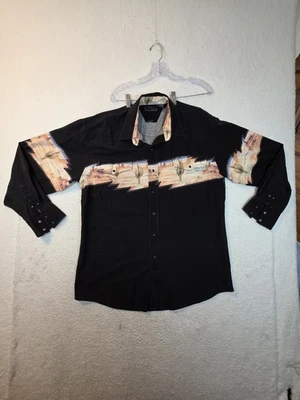 Roper Western Snap Shirt Large Black Southwest Desert Cactus Scene Vintage 90s - Image 1 of 4