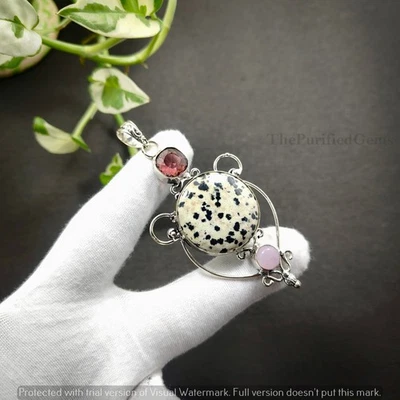 Pingente exótico de dálmata jaspe e pedra preciosa mista folheado a prata esterlina 925 presente - Imagem 1 de 4