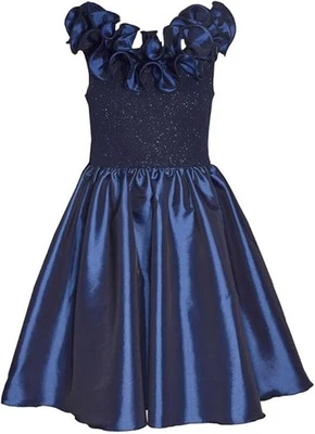 NUEVO Vestido Bonnie Jean Niñas Tafetán Lazo Espalda Talla 8 Volantes Azul Marino Brillo Corpiño Foto 1 de 2