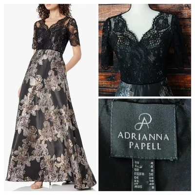 Adrianna Papell Maxi Dress Size 4 Floral Metallic Jacquard Formal Gown Lace $365 - Image 1 of 4