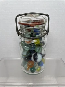 Vintage Marbles 70 Pieces In Glass Jar 5 Inches Tall - Picture 1 of 15