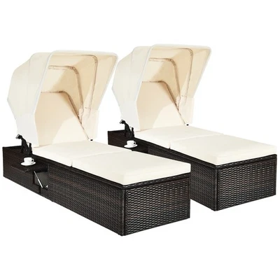 2PCS Patio Rattan Lounge Chair Chaise Cushioned Top Canopy Adjustable Tea Table - Image 1 of 4