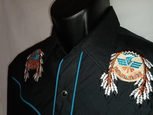 ELY DIAMOND M Cotton POLY blend Pearl Snap black embroidered LS shirt - Picture 1 of 9