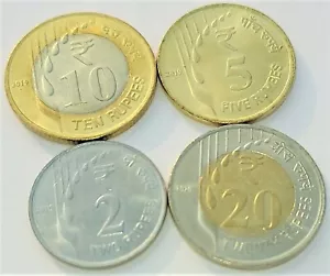 India SET of 4 Rain Drop Coins of denominations Rs 2, 5, 10 & 20, years 2019-20 - Picture 1 of 2