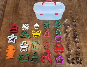 Vintage Cookie Cutters, Assorted Tin, Aluminum, Plastic, Lot Of 33 W/Container - Picture 1 of 5