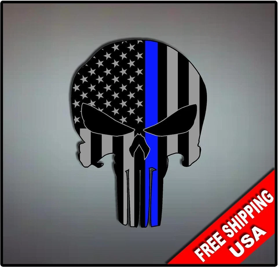 Punisher Blue Line USA Skull Vinyl Decal Sticker Police Vehicle Window Logo LE  - Image 1 of 1