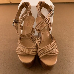 Schutz Women's Shoe Size 7B Honey Pecan Leather Platform Heeled Sandals New - Picture 1 of 10