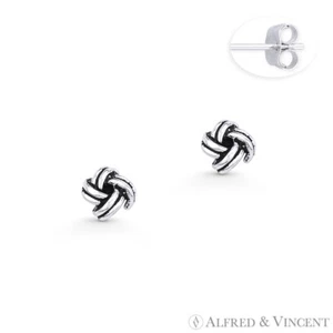 Love Knot Charm Antique-Finish Stud Earrings Oxidized .925 Sterling Silver Studs - Picture 1 of 1