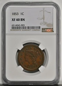 1853 1C Braided Coronet Head Large Cent NGC Graded Coin XF 40 BN Nice Coin 1901 - Picture 1 of 2