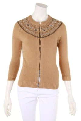 J.Crew Chaqueta de Punto Cachemira Perlas Aplicaciones S Camel - Imagen 1 de 4