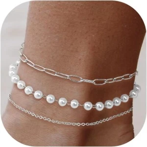 Sterling Silver Anklet Bracelets Dainty Sparkly Coin Charms Pearl Cubic Zirconia - Picture 1 of 5