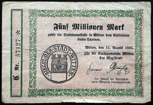 WITTEN 1923 5 Million Mark Inflation Notgeld Banknote Germany - Picture 1 of 2