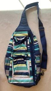 Thirty-One Unisex Crossbody One Shoulder Backpack Navy Blue Green Stripes Print - Picture 1 of 8