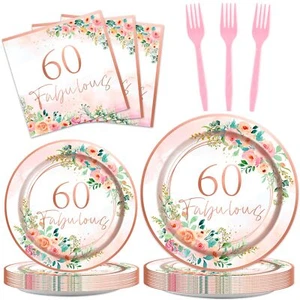 96pcs 60th Birthday Party Supplies 60 Fabulous Paper Plates Napkins 60 Years Par - Picture 1 of 6