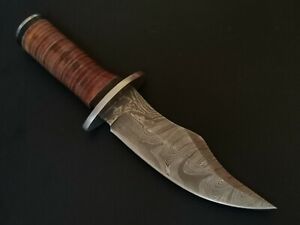 11.5" CUSTOM HAND MADE DAMASCUS STEEL BOWIE KNIFE LEATHER HANDLE W/SHEATH E665