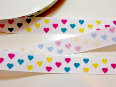 White Teal Pink Yellow Hearts Grosgrain Ribbon 7/8" x 10 yards Polyester B52 - Image 1 of 4
