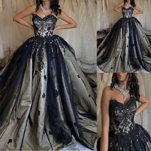 Gothic Black Wedding Dresses Beading Lace Appliques Sweep Train Bridal Gowns - Picture 1 of 9