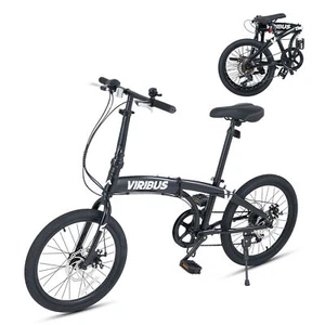 VIRIBUS 20" Folding Bicycle 7 Speed Foldable City Bike w Dual Disc Brakes Black - Picture 1 of 16