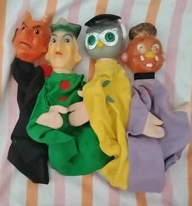 4 Vintage Hand Puppets: Devil, Owl, King, African (Plastic Heads, Japan, 1960s) - Picture 1 of 9