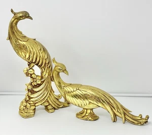 Vintage Mid Century Syroco Pair Gold Peacocks Birds Pheasants Statues Gold Read - Picture 1 of 23