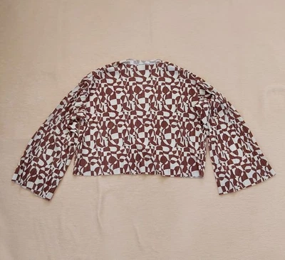 Monki NEW pleated top or blouse Long sleeves Brown & beige patterned Size S — 第 1/4 张图片