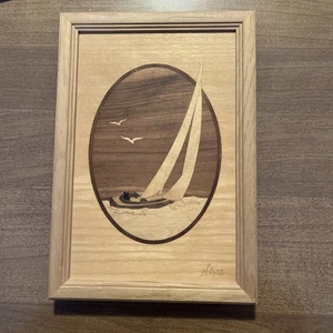 HUDSON RIVER INLAY SAILBOAT WOOD ARTWORK BY NELSON IS SIGNED VG Excellent Condit - Picture 1 of 2