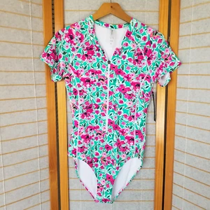 Scuba Zip Up One-Piece Swimsuit Short Sleeves Floral Print New Size Large - Picture 1 of 8