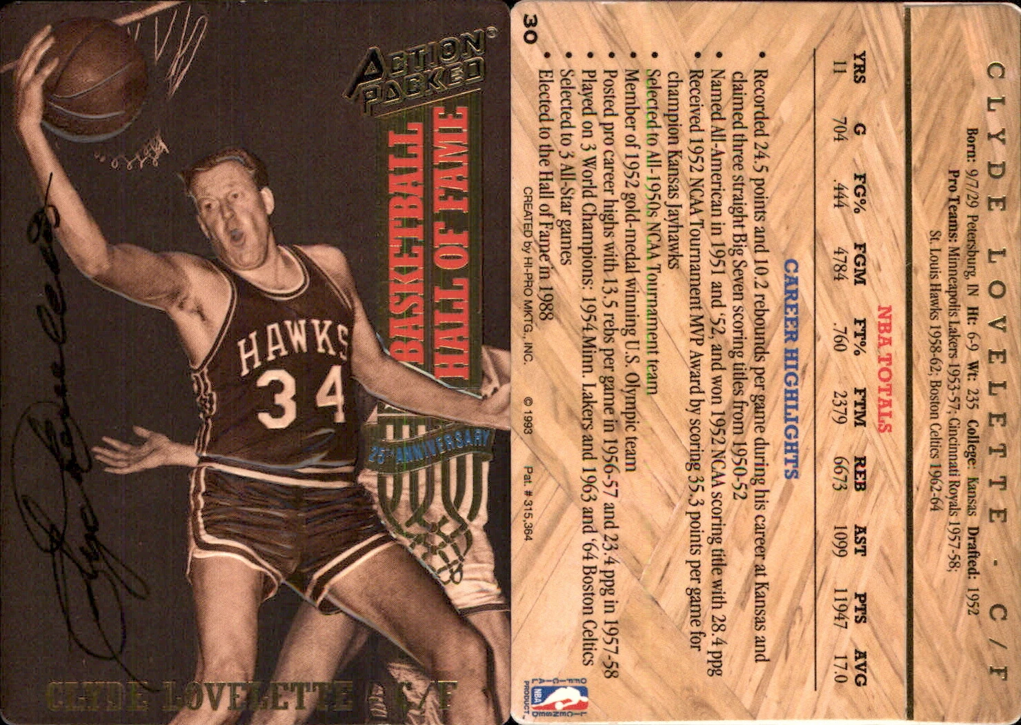 Clyde Lovellette Signed 1993 Action Packed Hall of Fame #30  St. Louis Hawks