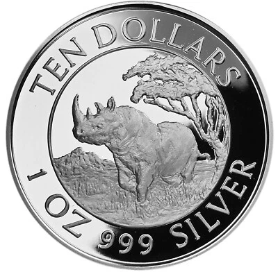 ZIMBABWE 10 Dollars 1996 Silver 1 oz. Proof 'Rhinoceros' - Image 1 of 2