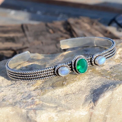 Brazalete de plata de ley 925 con piedra lunar arco iris y diopsido ruso regalo de aniversario Foto 1 de 4