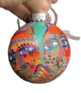 Hand Painted Decoupage Cat Kitten Christmas Ornament Ball 4" Abstract Art Signed - Picture 1 of 10