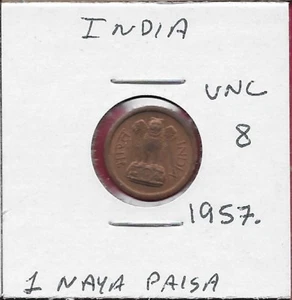 INDIA 1 NAYA PAISA 1957. UNC ASOKA LION ON PEDESTAL,DENOMINATION AND DATE #8 - Picture 1 of 2