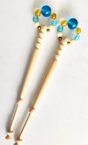 Set of 2 Carved Wood Spangled Lace Bobbins with Glass Beads - Picture 1 of 1