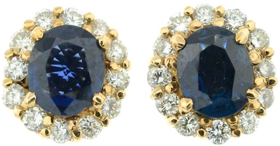 18ct  yellow gold sapphire 0.35ct diamond stud earrings oval cluster studs box - Image 1 of 4