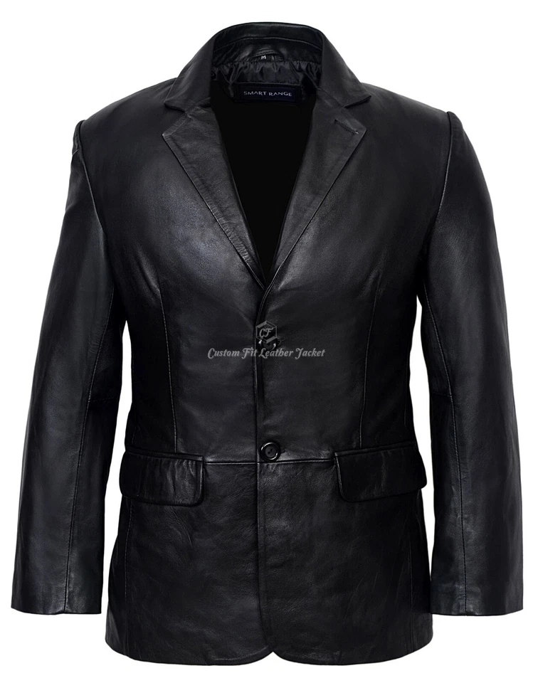 Men's Leather Blazer Black 2 Button 100% REAL LAMBSKIN Jacket Coat 9124  - Image 1 of 4