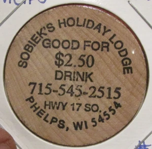 Vintage Sobiek's Holiday Lodge Phelps, WI Wooden Nickel - #2 Token Wisconsin - Picture 1 of 2