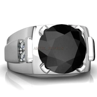 Natural Black Onyx Gemstone with 14K White Gold Plated Silver Ring for Men #1130 - Image 1 of 4