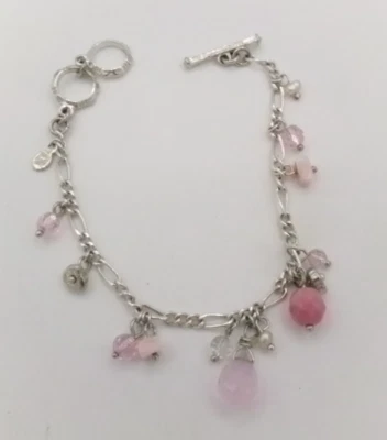 Unica Hallmarked Pink Acrylic Dangle Bead Silver Tone Fashion Statement Bracelet - Image 1 of 4